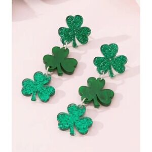 Green Shamrock Clover Dangle Earrings St Patricks Day Glitter Acrylic Jewelry
